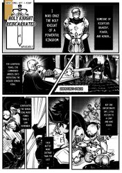 2boys battle comic death demon duo duo_focus english english_text gay greyscale killed king knight male male/male male_only medieval no_color original original_character original_characters page_1 plucholy rebirth reincarnation safe safe_for_work sfw text