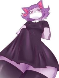 anthro artist_request black_dress black_legwear breasts cat_ears cat_tail dress female female_only fur furry hands_behind_back legwear looking_at_viewer masyunya masyunya_(vkontakte) not_futa purple_body purple_eyes purple_fur purple_hair smile vkontakte