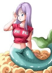 big_breasts blue_eyes breasts dragon_ball dragon_ball_(classic) female fish_tail flying_nimbus green_tail large_breasts long_hair mermaid mermaid_(dragon_ball) mermaid_girl mermaid_position mermaid_tail pie_pie purple_hair seductive seductive_eyes seductive_look seductive_pose shirt_lift solo youngjijii