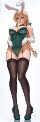 1girls blonde_female blonde_hair blush braid breasts bunny_ears bunny_girl bunnysuit fake_animal_ears full_body green_eyes green_leotard hi_res high_heels leotard long_hair mirco_cabbia myra_(sciamano240) oc original original_character sciamano240 solo standing stockings thighhighs white_background