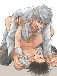 2boys black_hair blush bottomless class_3-z clothed_sex gintama gintoki_sakata glasses hijikata_toshiro implied_anal implied_sex labcoat leg_lock ma_ru_tw male male_only necktie official_alternate_costume on_back open_shirt smile teacher teacher_and_student white_hair yaoi