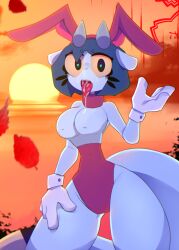 ahe_gao beach big_tail blue_body blue_hair bondage bunnysuit collar cum_in_mouth cum_on_face electronic_arts hearts_in_eyes horns orange_background orange_eyes red_suit spore spore_(game) tail white_gloves