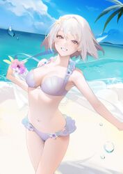 1girls albino bangs bare_arms bare_shoulders beach bikini blue_sky breasts cleavage cloud day female female_focus flower frills fully_clothed grey_hair hair_between_eyes hair_ornament half-closed_eyes highres looking_at_viewer medium_breasts nacchan_(ohisashiburi) navel ocean ohisashiburi original original_character outdoors palm_tree purple_flower revealing_clothes seashell shell short_hair sky smile solo starfish_hair_ornament swimsuit tree upper_body white_flower