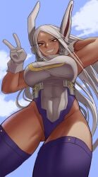 1girls abs breasts bunny_ears clothed dark-skinned_female dark_skin female fully_clothed gloves gud0c leotard long_hair looking_at_viewer miruko my_hero_academia peace_sign rumi_usagiyama shounen_jump solo tagme thighhighs white_hair