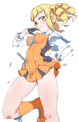 1girls blonde_hair blue_eyes blush_stickers drill_hair erect_nipples gundam gundam_build_fighters hand_on_hip medium_breasts niko_(tama) orange_footwear petals smile white_background yajima_caroline