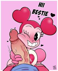 alien_girl big_penis female handjob happy imminent_oral interspecies kenbr_arts male/female penis_grab penis_on_cheek penis_on_face pink_body pink_hair precum rubberhose spinel_(steven_universe) steven_universe straight text