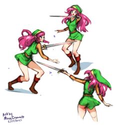 1girls ass bare_legs big_ass blue_eyes breasts dress female female_only hat legs link link_(shounen_captain) medium_breasts minacream no_panties open_mouth pink_hair solo sword the_legend_of_zelda training weapon white_background