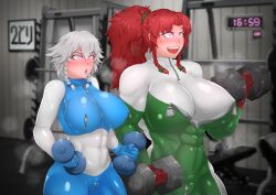 blue_bodysuit bodysuit chanary covered_navel female green_bodysuit hong_meiling huge_ass huge_breasts hypnosis latex lifting muscular_female sakuya_izayoi thick_thighs touhou wide_hips