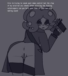 1girls anus anus_peek ass ass_focus backpussy blush character_name clothed dialogue embarrassed english_text female female_focus female_only fingerless_gloves from_behind gloves grey_background gun jacket legs_together looking_at_viewer looking_back monochrome nail_gun niko_(wormloods) octoling octoling_girl pants_down partially_clothed pussy request simple_background sketch solo splatoon text thigh_gap uncensored weapon wormloods