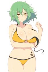 1girls bikini collarbone expressionless female front_view green_hair hikage_(senran_kagura) huge_breasts ichiryuu_tsumiki light-skinned_female light_skin looking_at_viewer medium_hair midriff navel pale-skinned_female senran_kagura simple_background slit_pupils solo solo_female standing tattoo white_background yellow_eyes