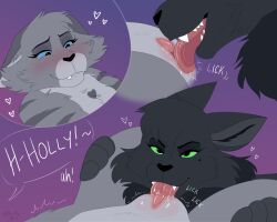 bite biting_lip black_body black_fur blush bodily_fluids cinderheart_(warriors) cunnilingus dialogue domestic_cat duo eyelashes felid feline felis female female/female feral feral_on_feral fur furry genital_fluids genitals grey_body grey_fur heart hi_res hollyleaf_(warriors) licking mammal mr._blue_(artist) oral pussy saliva saliva_on_tongue sex speech_bubble tongue tongue_out vaginal_penetration warriors_(cats)