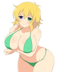 1girls :3 bikini blonde_hair female hair_between_eyes heterochromia huge_breasts ichiryuu_tsumiki leaning_forward light-skinned_female light_skin looking_at_viewer medium_hair messy_hair nipples_visible_through_clothing ryouna_(senran_kagura) senran_kagura sidelocks simple_background solo standing thick_thighs white_background