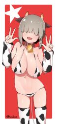 absurdres animal_print bikini blue_eyes breasts cow_print cow_print_bikini curvy detached_sleeves female grey_hair highres large_breasts looking_at_viewer neck_bell no_futa oerba_yun_fang open_mouth short_hair smile solo swimsuit thighhighs thighs toudori uzaki-chan_wa_asobitai! uzaki_yanagi wide_hips