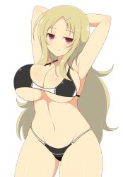 1girls armpits bikini blonde_hair female hairclip hands_behind_head ichiryuu_tsumiki large_breasts light-skinned_female light_skin looking_at_viewer midriff navel red_eyes senran_kagura shiki_(senran_kagura) simple_background solo standing thick_thighs very_long_hair white_background