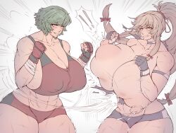 2girls cameltoe elun_(meido) female lactation massive_breasts muscular muscular_female nipples touhou touhou_tag_dream wrestling yuka_kazami yukari_yakumo