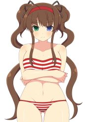 1girls ahoge ass_visible_through_thighs bikini brown_hair female front_view hair_ornament hairband heterochromia ichiryuu_tsumiki large_breasts light-skinned_female light_skin looking_at_viewer midriff navel ryoubi_(senran_kagura) senran_kagura sidelocks simple_background solo standing thigh_gap twintails very_long_hair white_background