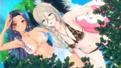 2girls 3d 3d_(artwork) aia_amare bare_midriff bare_shoulders belly_button big_breasts bikini black_hair blue_green_eyes braid braided_hair braided_ponytail cleavage duo duo_female duo_focus earrings exposed_shoulders exposed_torso glasses green_eyes hair_ornament hair_over_shoulder inflatable koikatsu latina leopard_print leopard_print_bikini light_skin looking_at_viewer midriff mole mole_on_breast mole_under_eye navel necklace nijisanji nijisanji_en palm_tree red_eyes round_glasses scarle_yonaguni short_shorts swim_ring swimsuit virtual_youtuber