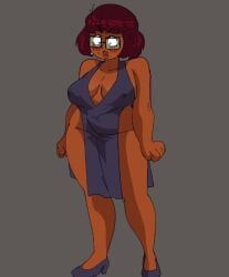 blush chubby cleavage coolerinker dark-skinned_female dark_skin dress embarrassed embarrassing_outfit female glasses heels inker_comics inkershike large_breasts revealing_dress revealing_outfit scooby-doo simple_background skimpy_dress solo square_glasses tagme thighs velma_(series) velma_dinkley velma_dinkley_(velma) wide_hips