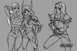 3girls arms_behind_head blizzard_entertainment bottomless breasts_out cum_chalice cum_in_container diana_(league_of_legends) hand_on_hip human human_(world_of_warcraft) jaina_proudmoore kneeling league_of_legends looking_at_another looking_at_viewer looking_up marmar monochrome sketch tagme warcraft world_of_warcraft xayah