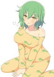 1girls collarbone female female_only green_hair hikage_(senran_kagura) ichiryuu_tsumiki large_breasts light-skinned_female light_skin looking_at_viewer medium_hair open_mouth pajamas senran_kagura simple_background sitting slit_pupils snake solo tattoo tired white_background yellow_eyes