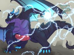 ambysweetdragon anthro balls dragon electric electricity genitals hi_res horn invalid_tag magic male male_focus male_only muscular penis pose power scalie solo tail wings