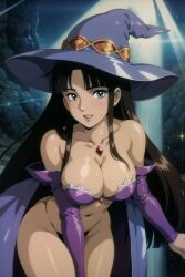 ai_generated bikini blue_eyes breasts brown_hair clothing dark_skin female female female_only hat headwear high_resolution large_breasts lingerie mature mature_female retromage solo swimsuit tanned underwear very_high_resolution witch witch_hat