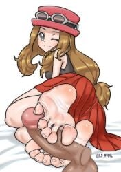 barefoot blue_eyes brown_hair feet flexible_toes foot_fetish foot_focus footjob looking_at_viewer ls_99ml pokemon pokemon_xy serena_(pokemon) smile smiling smiling_at_viewer tsukimaru white_background