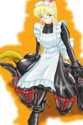 2girls ankle_cuffs apron bitchsuit black_hair blonde_hair blue_eyes bodysuit bondage breasts buttplug buttplug_tail collar fake_tail hair_ribbon kudou_kuon latex latex_bodysuit long_hair maid maid_apron maid_headdress maid_uniform medium_breasts multiple_girls original pet_play petplay piddlefours ponytail sitting sitting_on_person slave tail winking wrist_cuffs yuri