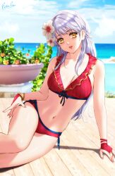 1girls alternate_costume arm_support bare_thighs bikini blue_sky breasts cleavage cloud commentary day esther-shen female female_only fire_emblem fire_emblem:_radiant_dawn fire_emblem_heroes flower hair_flower hair_ornament hibiscus long_hair looking_at_viewer medium_breasts micaiah_(fire_emblem) navel nintendo official_alternate_costume parted_lips pink_lips red_bikini red_swimsuit sitting sky solo stomach swimsuit thighs very_long_hair water white_flower white_hair yellow_eyes