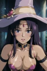 ai_generated bikini breasts clothing dark_skin female female female_only hat headwear high_resolution large_breasts lingerie mature mature_female purple_eyes purple_hair retromage solo swimsuit tanned underwear very_high_resolution witch witch_hat