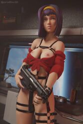 1girls 3d breasts breasts_out casual clothing cowboy_bebop faye_valentine female female_only firearm gun hi_res human mp5 pale_skin parad0xx3d purple_hair solo standing submachine_gun weapon