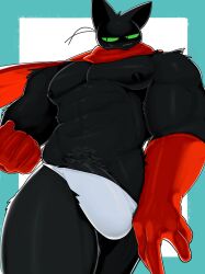 abs anthro black_body black_fur bulge bulge_through_clothing cartoon_network domestic_cat felid feline gay gloves green_eyes green_sclera handwear hi_res male_only mammal mao_mao:_heroes_of_pure_heart muscular_male mymu666 nipples pecs presenting sheriff_mao_mao_mao simple_background solo solo_male underwear undressing