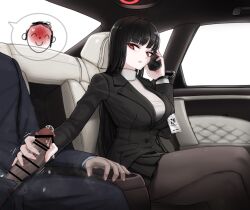 1boy absurdres bangs bar_censor black_hair black_jacket black_pantyhose black_skirt blue_archive blunt_bangs breasts business_suit business_woman car_interior cellphone censored crossed_legs doodle_sensei_(blue_archive) female formal handjob highres holding holding_phone jacket large_breasts long_hair long_sleeves looking_at_penis mildt millennium_science_school_logo_(blue_archive) millennium_science_school_student miniskirt motion_lines office_lady pantyhose parted_lips penis penis_out phone pleated_skirt precum red_eyes rio_(blue_archive) seminar_(blue_archive) seminar_president sensei_(blue_archive) sitting skirt smartphone steaming_body suit sweater very_long_hair white_pupils