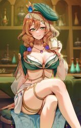 1girls breasts brown_hair cleavage female foxy_rain_(foxyreine) foxyrain_(foxyreine) foxyreine genshin_impact green_eyes hat high_resolution huge_breasts large_breasts light-skinned_female light_skin lisa_(a_sobriquet_under_shade)_(genshin_impact) lisa_(genshin_impact) long_hair smile thick_thighs thighs twintails