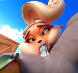 3d blender blonde_hair blowjob coco_bandicoot crash_(series) cum cum_in_mouth deepthroat female furry green_eyes human human_on_anthro lipstick wasarky wumpa_fruit