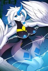 absurd_res amberpendant anthro big_breasts blue_eyes blue_nipples breasts dragon female genitals hair hi_res horn nipples partially_submerged pussy sitting sitting_in_water solo white_hair wide_hips