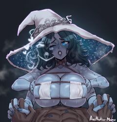 1boy 1girls aestheticc-meme big_breasts blue-skinned_female blue_eyes blue_hair blue_lipstick blue_nails blue_skin bra breasts dark-skinned_male dark_skin elden_ring female fromsoftware hand_holding hat holding_hands large_breasts lipstick_mark male multi_arm multi_limb one_eye_closed paizuri ranni_the_witch ring straight watermark witch witch_hat