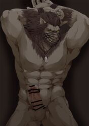 1boy abs armpits arms_behind_head avatar_(ff14) bar_censor bara beard bound bound_wrists brown_fur cat_boy catboy censored chest_hair completely_nude cowboy_hat dog_tags erection facial_hair fangs final_fantasy final_fantasy_xiv furry furry_male groin hat highres hrothgar igarashi_(ff_igarashi) large_pectorals looking_at_viewer male_focus male_only mask mature_male medium_hair muscular muscular_male navel nipples nude pectorals penis solo stomach sweatdrop