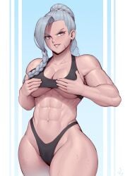 1girls abs absurd_res adonis_belt artist_signature bare_shoulders biceps black_panties black_sports_bra blush braid breasts cleavage commission cowboy_shot grey_hair grin hi_res highleg_panties large_breasts long_hair looking_at_viewer muscular muscular_arms muscular_female navel original original_character panties parted_lips purple_eyes serratus_anterior signature simple_background single_braid smile speedl00ver sports_bra sweat underboob