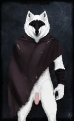 aethelwulf anthro athletic athletic_male canid canine canis claws cloak clothing death_(puss_in_boots) fur genitals hi_res humanoid_genitalia humanoid_penis male mammal penis pink_penis red_eyes solo whiskers white_body white_fur wolf wristband