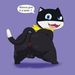 1:1 2023 absurd_res anal_request anthro anus ass atlus backsack balls bent_over big_butt bodily_fluids bubble_butt colossalstars dialogue domestic_cat english_text felid feline felis fur genitals hi_res huge_butt huge_thighs inviting looking_at_viewer looking_back looking_back_at_viewer male mammal mask megami_tensei megami_tensei_persona morgana_(persona) neckerchief nude open_mouth open_smile oral_request perineum presenting presenting_anus presenting_hindquarters purple_background rimming_request sega shadow simple_background smile solo standing sweat sweaty_butt talking_to_viewer teeth text thick_thighs tongue tuft