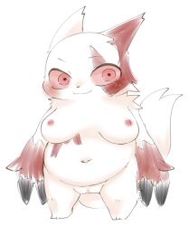 anthro blush breasts chubby_female claws doneru female fluffy fluffy_tail fur generation_3_pokemon genitals highlights_(coloring) innie_pussy looking_at_viewer navel nintendo nipples pokemon pokemon_(species) pussy red_body red_fur red_highlights simple_background smile solo tail white_background white_body white_fur zangoose