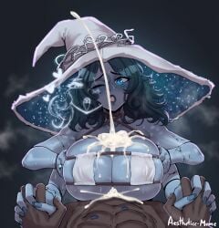 1boy 1girls 4_arms abs aestheticc-meme big_breasts blue-skinned_female blue_eyes blue_hair blue_lipstick blue_nails blue_skin bra breasts cum cum_on_breasts dark-skinned_male dark_skin elden_ring female fromsoftware hat holding_hands large_breasts lipstick_mark male multi_arm multi_limb one_eye_closed paizuri ranni_the_witch ring six_pack straight watermark witch witch_hat