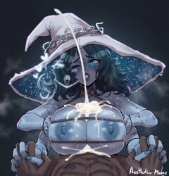 1boy 1girls aestheticc-meme big_breasts blue-skinned_female blue_skin breasts cum_between_breasts dark-skinned_male dark_skin elden_ring female fromsoftware holding_hands large_breasts male paizuri ranni_the_witch straight
