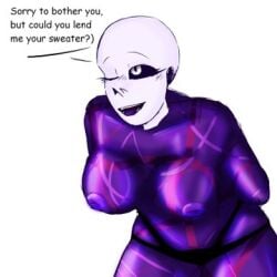 1girls 2d artist_request asking asking_for_help breasts breasts_out color dialogue ectobody ectobreasts english english_dialogue english_text female female_sans one_eye_closed purple_body requesting rule_63 sans sans_au solo tagme tagme_(artist) teasing teasing_viewer text uncensored underlust underlust_sans undertale undertale_(series) undertale_au white_background