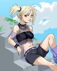 2023 bleach blonde_hair blumper3 curvy curvy_figure ear_piercing female_only hiyori_sarugaki lollipop necklace pale-skinned_female pale_skin punk punk_girl sarugaki_hiyori shiny_skin sitting skin_tight small_breasts spiked_collar twintails yellow_eyes