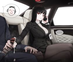 1boy absurdres bangs bar_censor black_hair black_jacket black_pantyhose black_skirt blue_archive blunt_bangs breasts business_suit business_woman car_interior cellphone censored crossed_legs cum doodle_sensei_(blue_archive) ejaculation female formal handjob highres holding holding_phone jacket large_breasts long_hair long_sleeves looking_at_another mildt millennium_science_school_logo_(blue_archive) millennium_science_school_student miniskirt motion_lines office_lady pantyhose parted_lips penis penis_out phone pleated_skirt red_eyes rio_(blue_archive) seminar_(blue_archive) seminar_president sensei_(blue_archive) sitting skirt smartphone steaming_body suit sweater very_long_hair white_pupils white_sweater