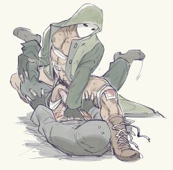 abs alpha_male bulge fingerless_gloves gay green_hoodie grey_hoodie hood_up hoodie hoodie_lift jockstrap male/male male_only mask masked masked_male mskah muscular open_hoodie pubic_hair rainbow_six rainbow_six_siege white_jockstrap white_mask_(rainbow_six) yaoi