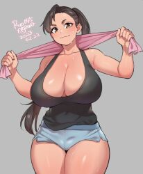 breasts cleavage hotpants huge_breasts long_hair original ponytail ryo_agawa short_shorts shorts tank_top thick_thighs towel wide_hips