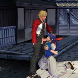 blonde_hair_male blue_hair_female breast_grab clothed couple cute fatal_fury fellatio garou:_mark_of_the_wolves head_grab hotaru_futaba king_of_fighters kneeling kneeling_oral_position large_penis oral_sex red_ribbon ribbon rock_howard rockhowardmx romantic_ambiance small_breasts snk straight xnalara xps